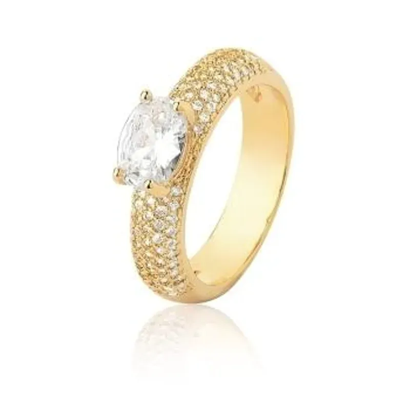 ANEL BAN. DOURADO CRAV. ZIRC BRANCA 5 LINHA PEDRA BRANCA OVAL
