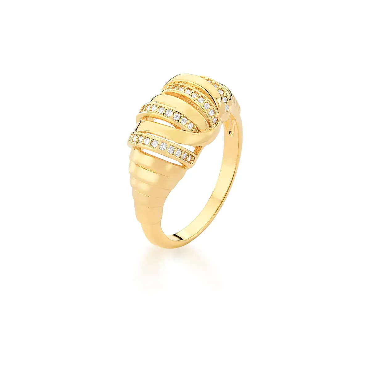 ANEL BAN, DOURADO CRAV. ZIRC BRANCA 8 LINHAS CROISSANT