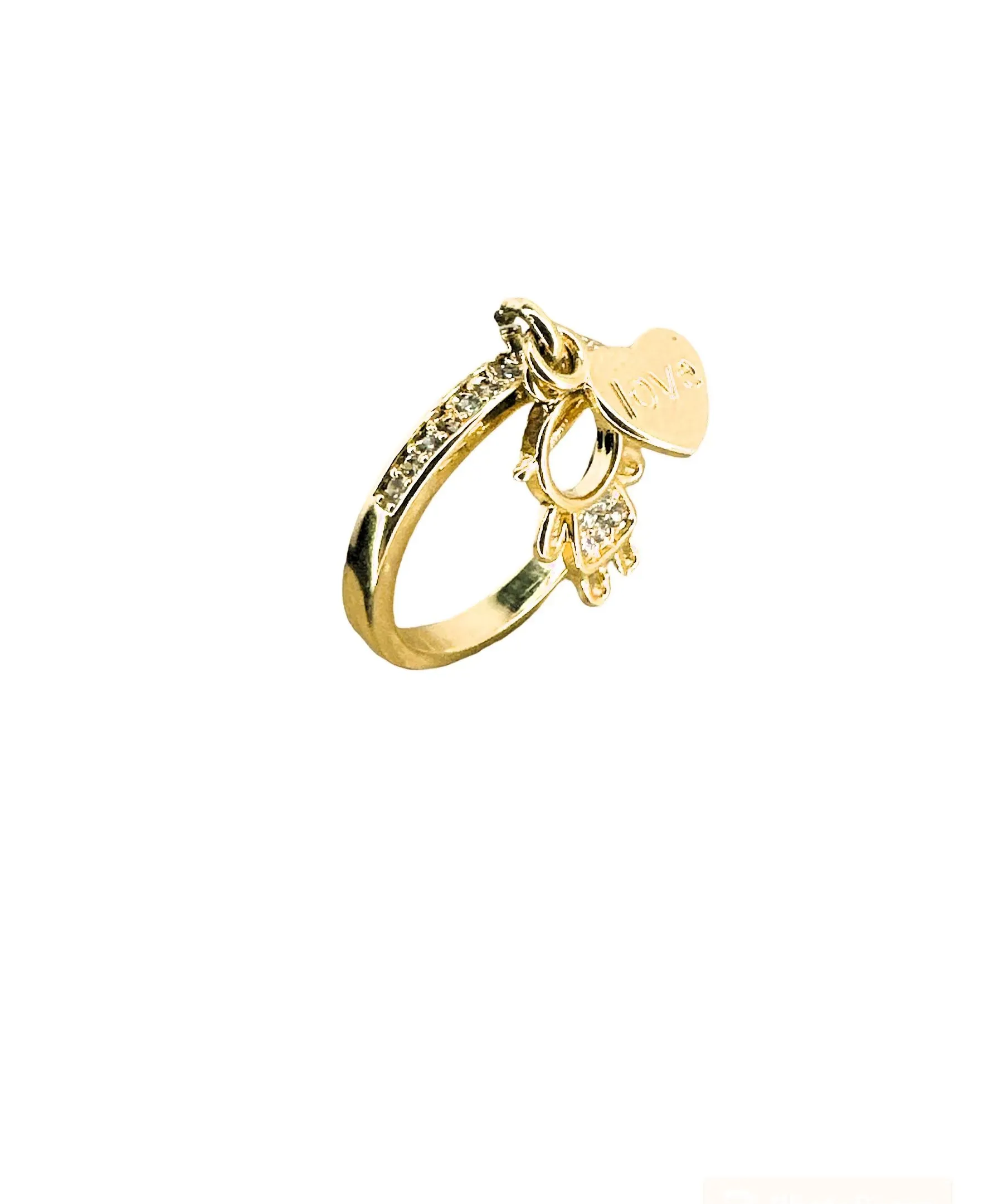 ANEL BAN. DOURADO CRAV. ZIRC BRANCA CORACAO ESCRITA LOVE MENINA PENDULO