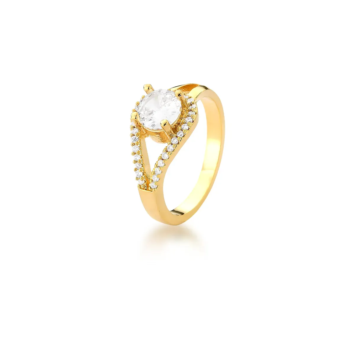 ANEL BAN. DOURADO CRAV. ZIRC BRANCA PEDRA BRANCA CURVO GOTA VAZADO REDONDO 6MM