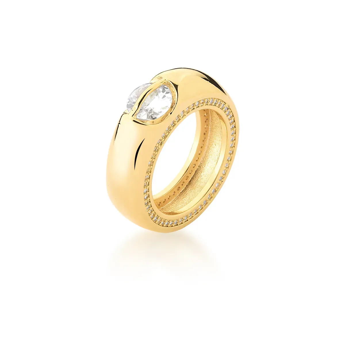ANEL BAN. DOURADO CRAV. ZIRC BRANCA PEDRA BRANCA LATERAL REDONDO