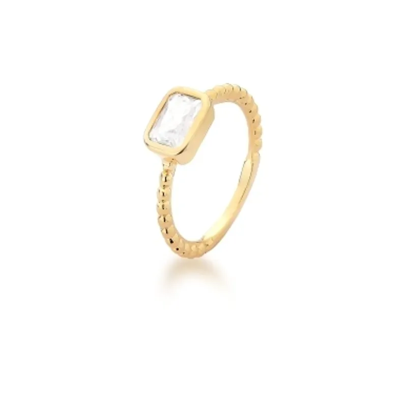 ANEL BASICO PEDRA RETANGULAR ARO TRABALHADO 9X6MM BAN. DOURADO /INCOLOR /TAM. 16