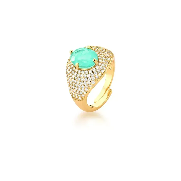 ANEL DEDO MINIMO REGULAVEL BAN. DOURADO CRAV. ZIRC BRANCA PEDRA FUSION TURMALINA OVAL