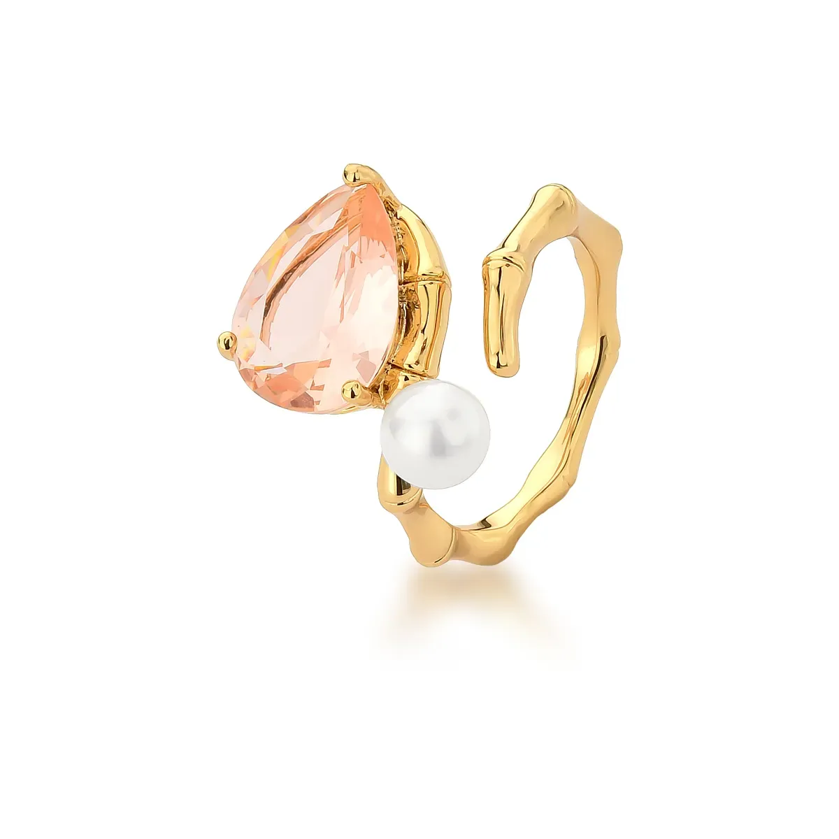 ANEL REGULAVEL BAN. DOURADO BAMBU PEDRA MORGANITA ROSA PEROLA VAZADO CURVO GOTA