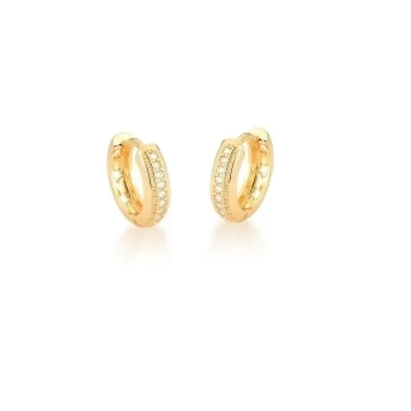 BRINCO BAN. DOURADO CRAV. ZIRC BRANCA 1 COLUNA VERSO 3 ESTRELA VAZADO ARGOLA 18MM