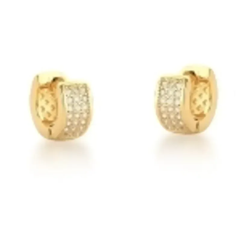 BRINCO BAN. DOURADO CRAV. ZIRC BRANCA 3 COLUNAS VERSO VAZADO TRABALHADO ARGOLA 9X10MM