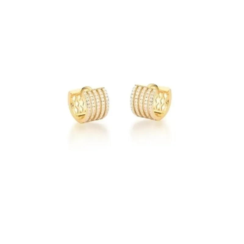 BRINCO BAN. DOURADO CRAV. ZIRC BRANCA VAZADO VERSO 5 COLUNA ARGOLA 14MM