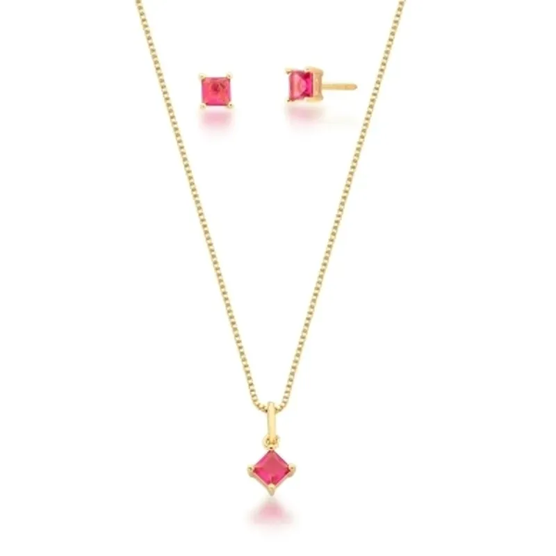 CONJUNTO DOURADO COM PEDRA ROSA