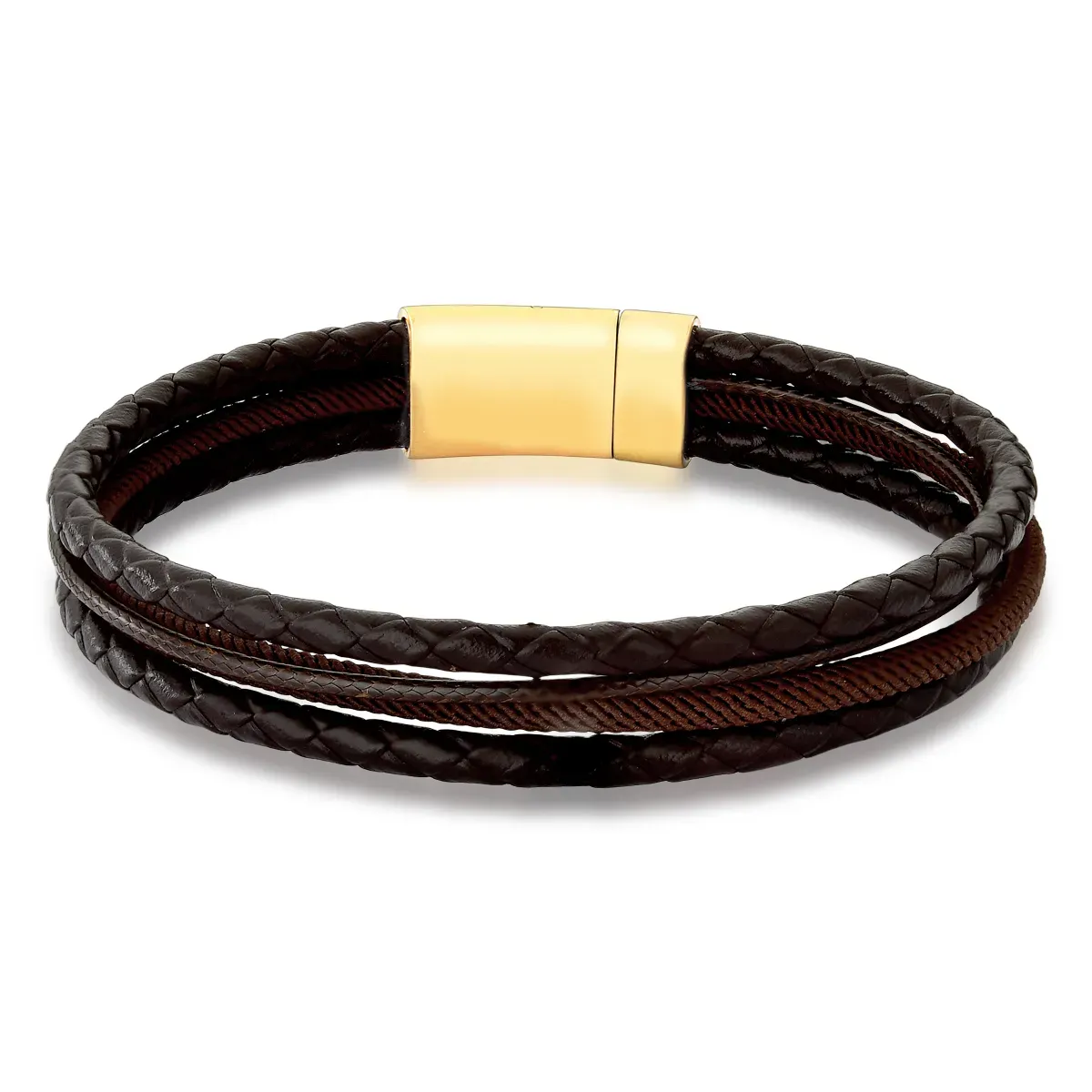 PULSEIRA ACO LISO COURO MARROM FECHO DOURADO 4 VOLTAS TRANCADO