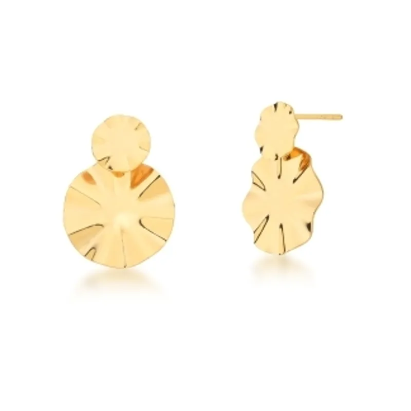 BRINCO BAN. DOURADO LISO PENDULO TRABALHADO FLOR/REDONDO 11/21MM