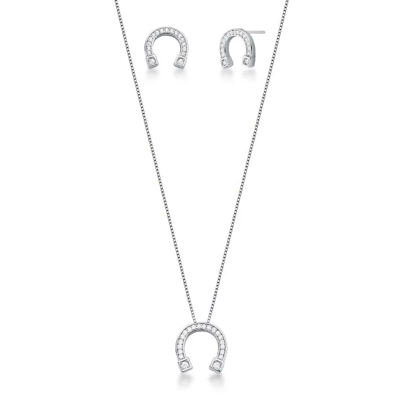 CONJUNTOS BRINCO E CORRENTE C/ PINGENTE ZIRCONIA FERRADURA CURVO 10/11MM PRATEADO C/ BAN. DE RODIO /INCOLOR /TAM. 40