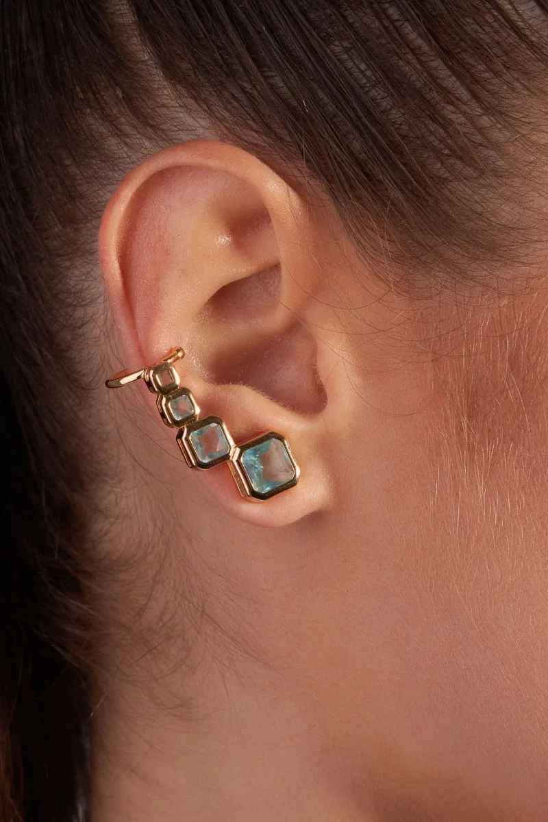 BRINCO BAN. DOURADO PEDRA AGUA MARINHA EAR CUFF 4 QUADRADO