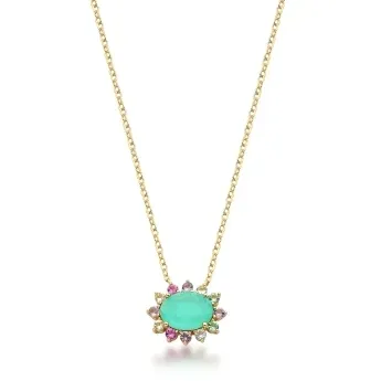 CORRENTE C/ PING. BAN. DOURADO PEDRA FUSION MULTICOLOR FLOR/OVAL