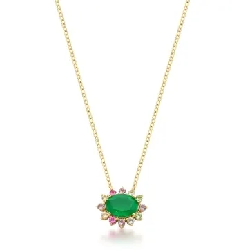 CORRENTE C/ PING. BAN. DOURADO PEDRA FUSION ESMERALDA MULTICOLOR FLOR/OVAL 45+5CM