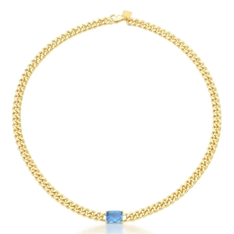 CHOKER BAN. DOURADO PEDRA SAFIRA ELO GRUMET RETANGULAR 8MM 35+5CM