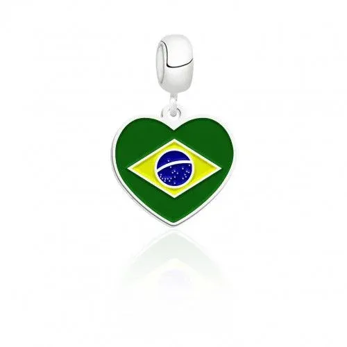 Berloque Prata Coração c/  Bandeira do Brasil