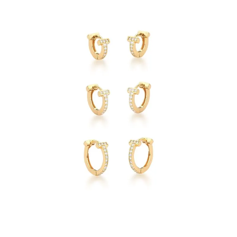 BRINCO TRIO CRAV ZIRCONIA FRENTE 1 COLUNA 14X12X10MM BAN. DOURADO /INCOLOR