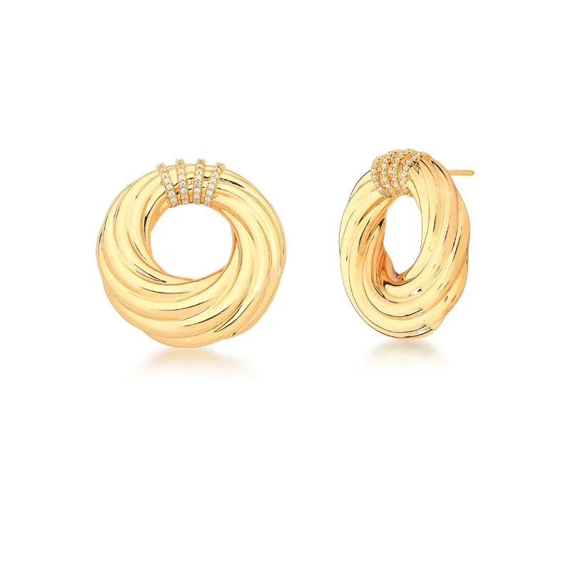 BRINCO BAN. DOURADO CRAV. ZIRC BRANCA 4 COLUNAS TRANCADO VAZADO REDONDO 31MM BAN. DOURADO /INCOLOR