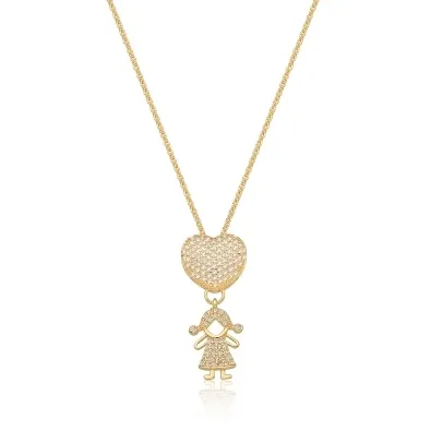 CORRENTE C/ PING. BAN. DOURADO CRAV. ZIRC BRANCA CORACAO MENINA