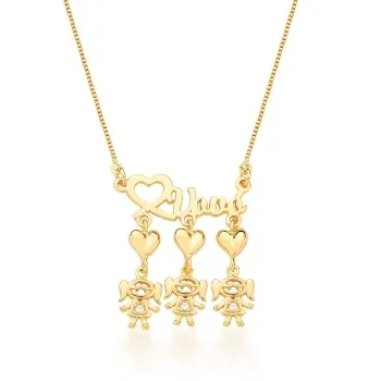CORRENTE C/ PING. BAN. DOURADO PEDRA BRANCA ESCRITA VOVO 3 MENINAS FILHOS 45+5CM