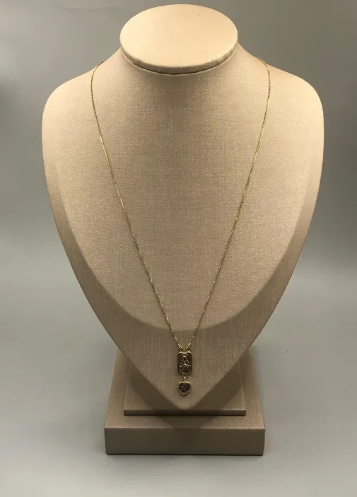 CORRENTE BAN. DOURADO C/ IMAGEM DE NOSSA SRA APARECIDA E CORAÇÃO CRAVEJADO C/ PEDRA AZUL