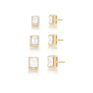 BRINCO MEDIO ZIRCONIA +  PEDRA RETANGULAR LATERAL VAZADO 11X10X9MM BAN. DOURADO /INCOLOR
